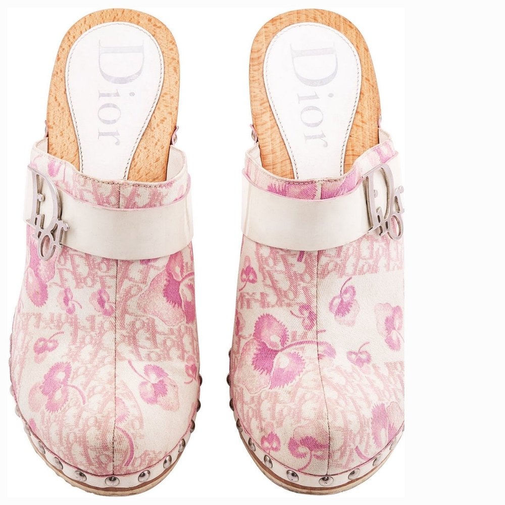 Dior Pink Floral Canvas Studded Wood-Heel Clogs - Picture 9 of 9